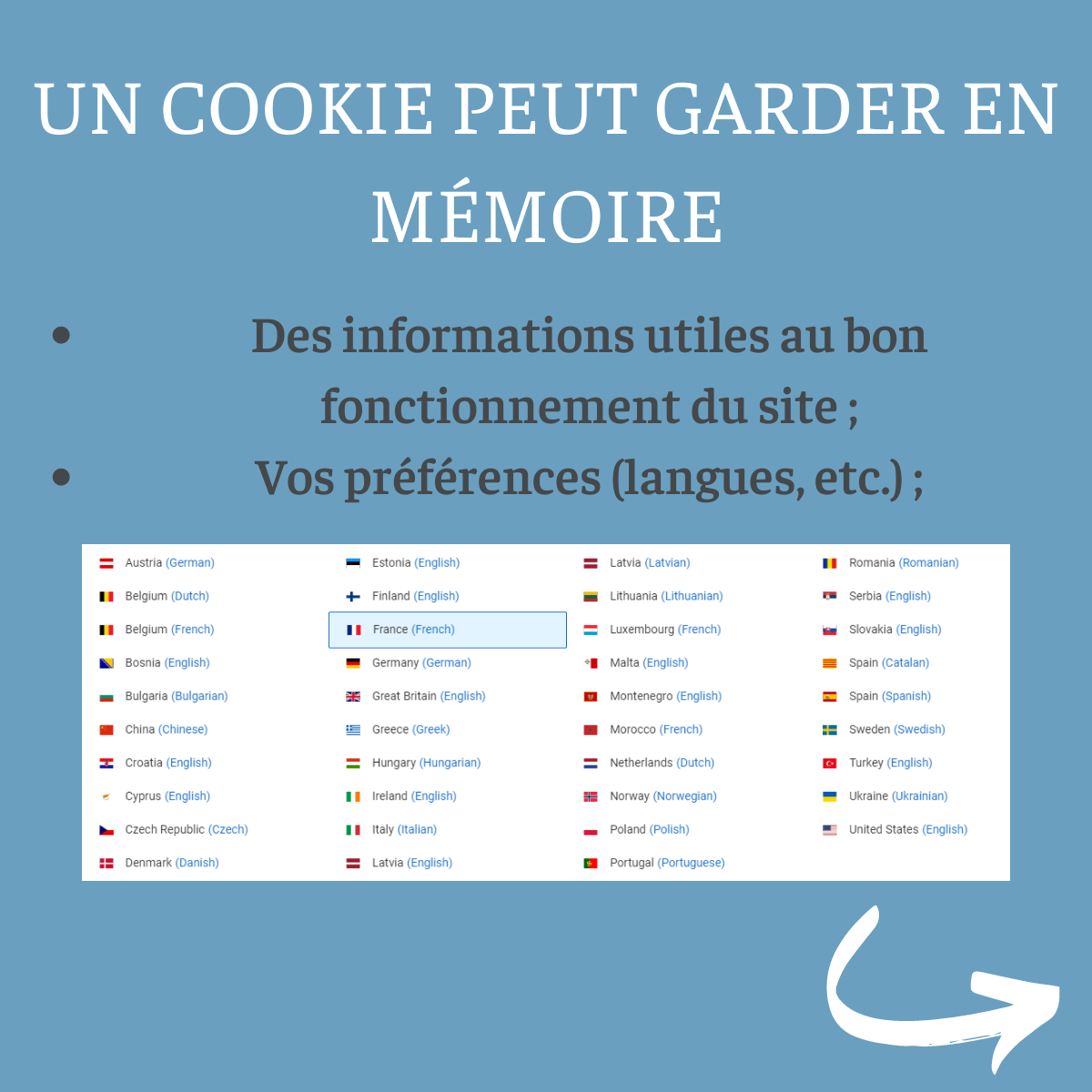 Exemple de stockage cookie #2 Un cookie peut par exemple garder en mémoire des éléments de fonctionnalités (langue...)