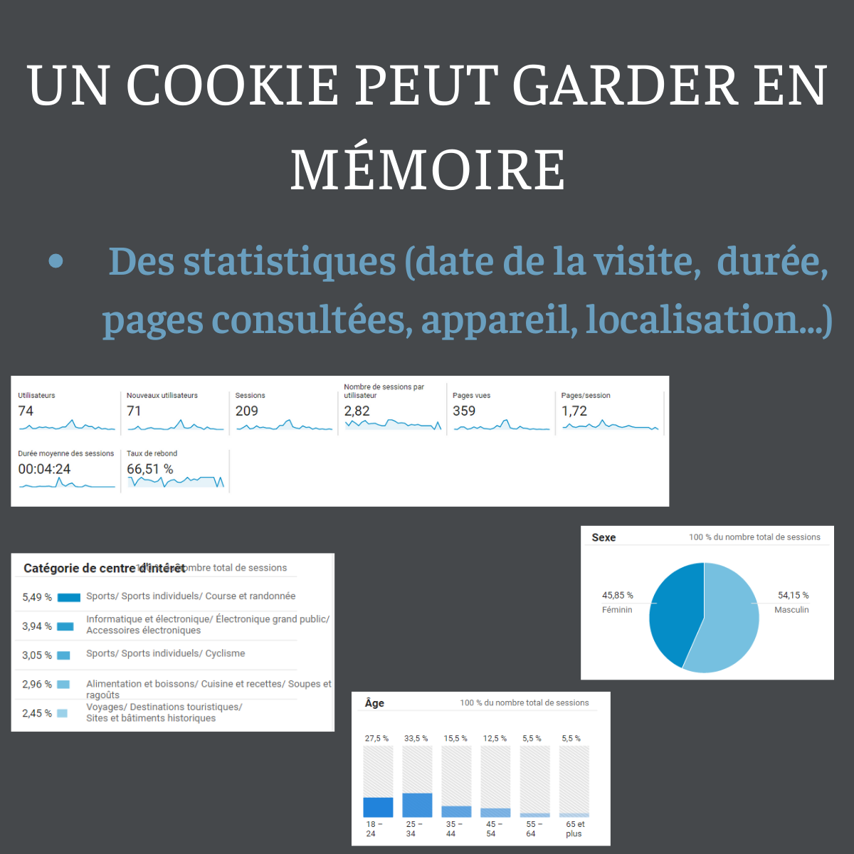 Exemple #3 d'utilisation cookie Un cookie peut par exemple garder en mémoire des éléments d'analyse du trafic (sexe, âge, provenance, temps sur le site, pages visitées...)